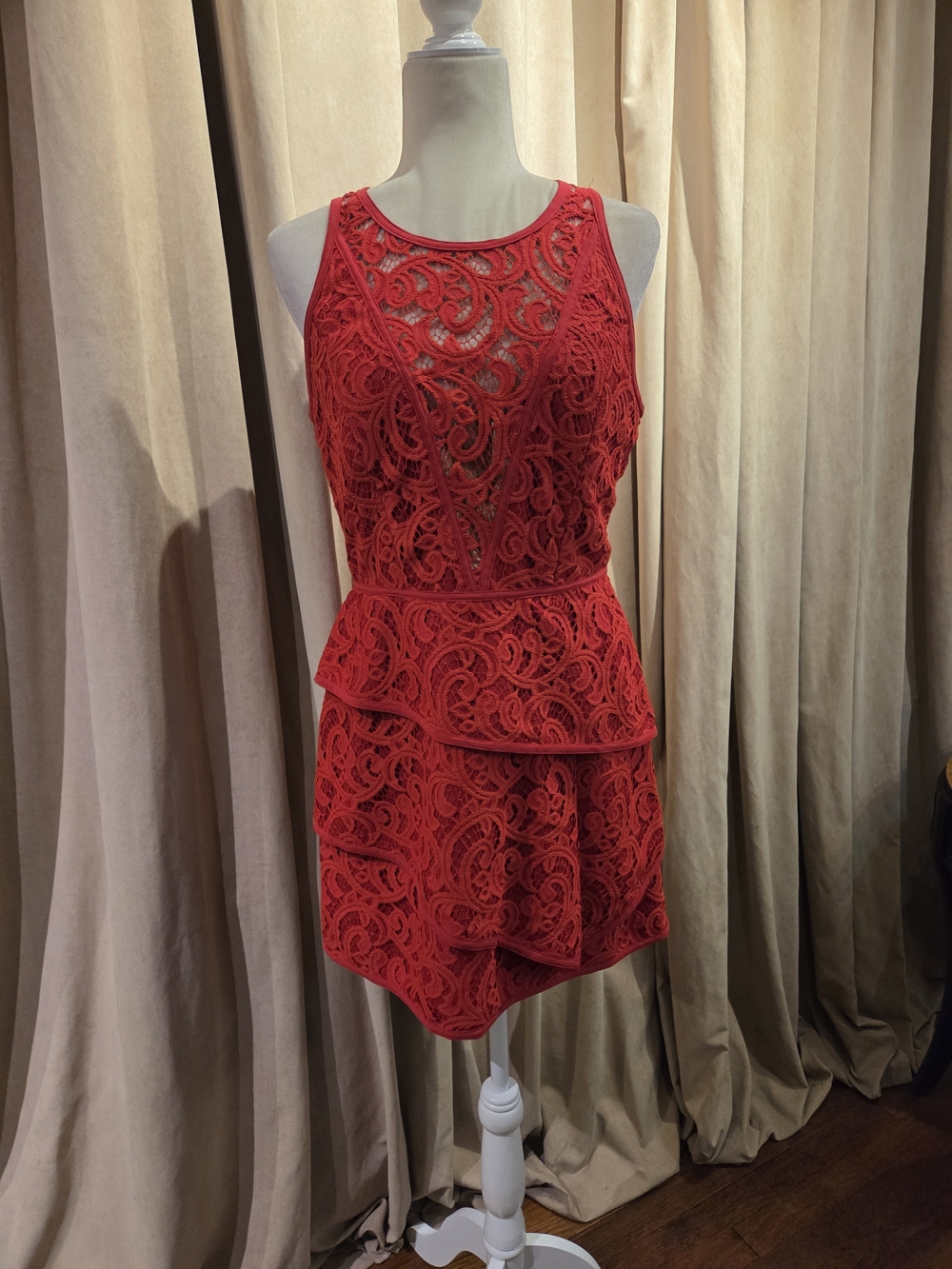 BCBGMaxAzria Red Lace Tiered Sleeveless Mini Dress